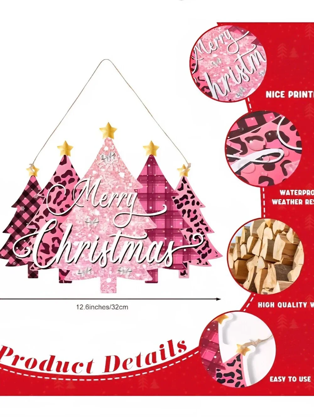 Merry Christmas Pink Holiday Tree Wooden Wall Hanging Decor. NWT.